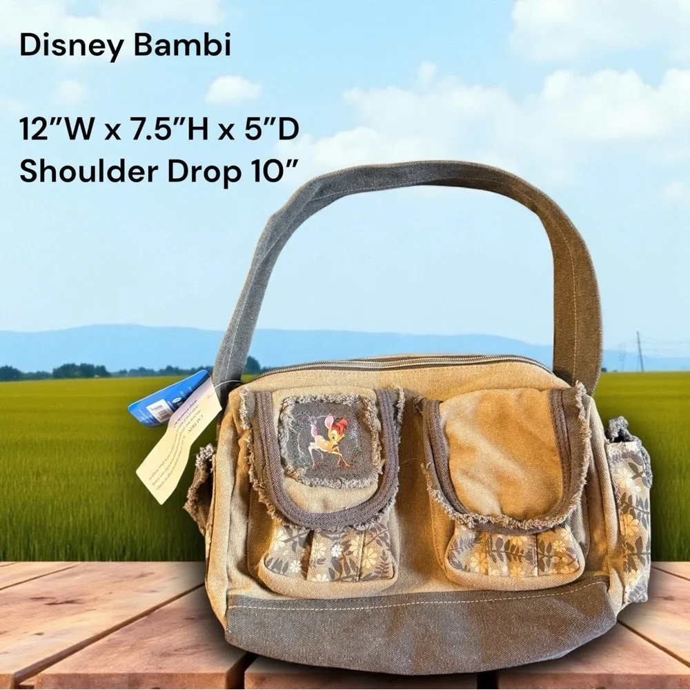 Disney Bambi Canvas Shoulder Bag Floral Patch Pockets Vintage Cottagecore Style